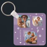 Monogram Name 3 Photo Collage Trendy Key Ring<br><div class="desc">Monogram Name 3 Photo Collage Trendy Modern Keychain features a photo collage of three of your favourite photos with your personalised name and monogram in elegant white script on a purple background. Personalise by editing the text in the text boxes provided. Perfect for birthday, Christmas, Mother's Day, Father's Day, sister,...</div>