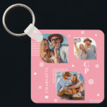 Monogram Name 3 Photo Collage Trendy Key Ring<br><div class="desc">Monogram Name 3 Photo Collage Trendy Modern Keychain features a photo collage of three of your favourite photos with your personalised name and monogram in elegant white script on a pink background. Personalise by editing the text in the text boxes provided. Perfect for birthday, Christmas, Mother's Day, Father's Day, sister,...</div>