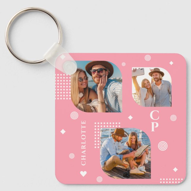 Monogram Name 3 Photo Collage Trendy Key Ring (Front)