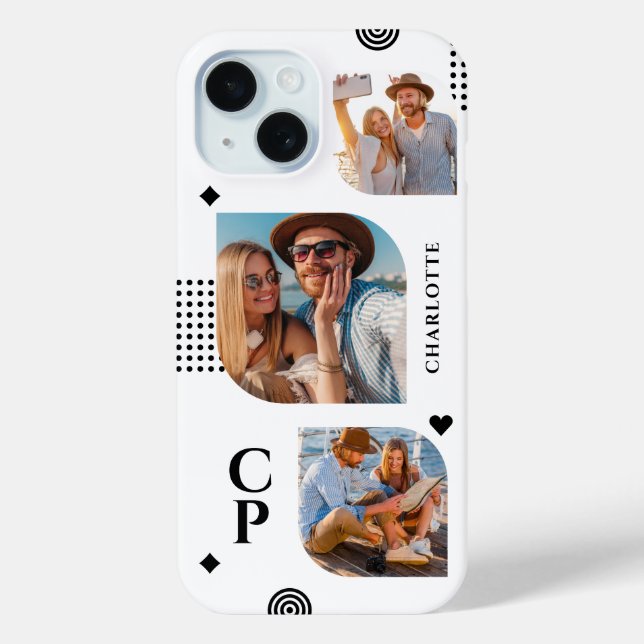 Monogram Name 3 Photo Collage Trendy Modern Case-Mate iPhone Case (Back)