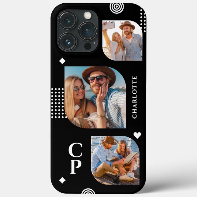 Monogram Name 3 Photo Collage Trendy Modern Case-Mate iPhone Case (Back)