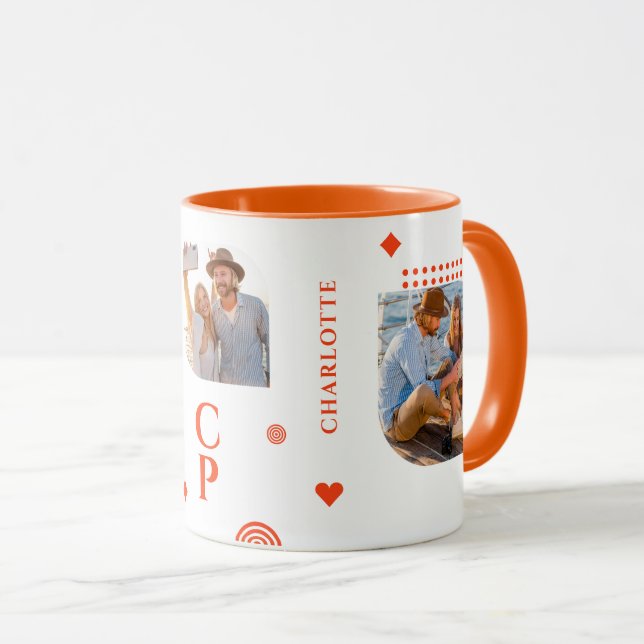Monogram Name 3 Photo Collage Trendy Modern Coffee Mug (Front Right)