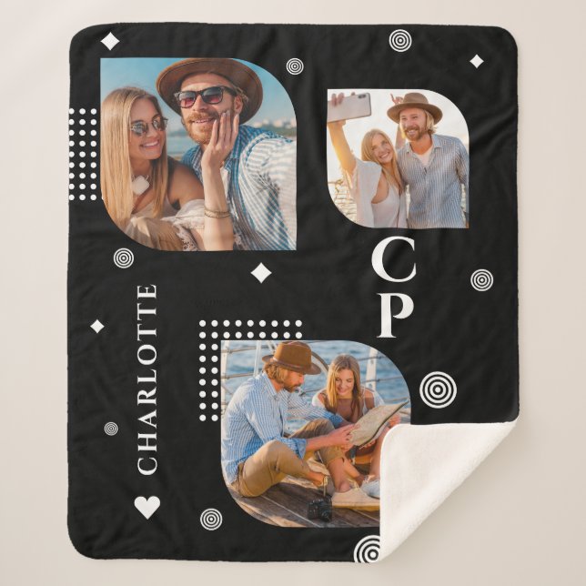 Monogram Name 3 Photo Collage Trendy Sherpa Blanket (Front)