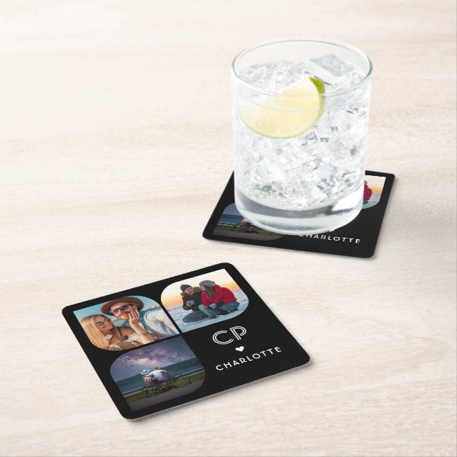 Monogram Name 3 Photo Modern Trendy Simple Square Paper Coaster (Insitu)