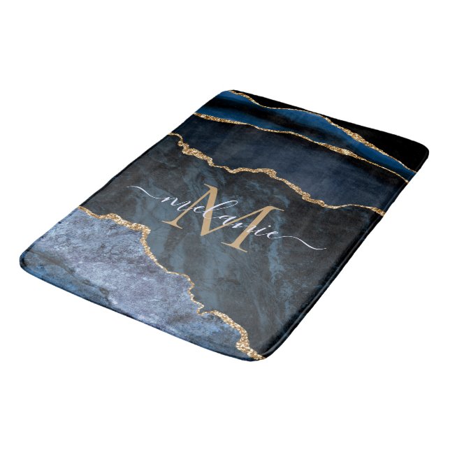 Monogram Name Agate Navy Blue Gold Bath Mat (Angled)