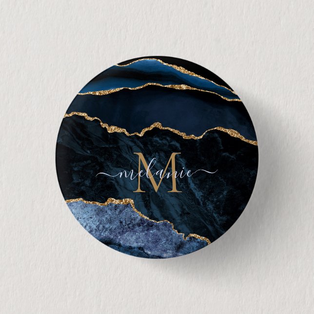 Monogram Name Agate Navy Blue Gold Gemstone Marble 3 Cm Round Badge (Front)