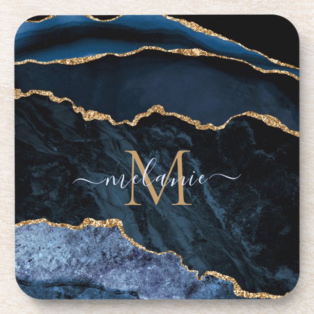 Monogram Name Agate Navy Blue Gold Gemstone Marble Coaster (Front)