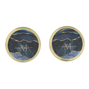 Monogram Name Agate Navy Blue Gold Gemstone Marble Gold Finish Cufflinks