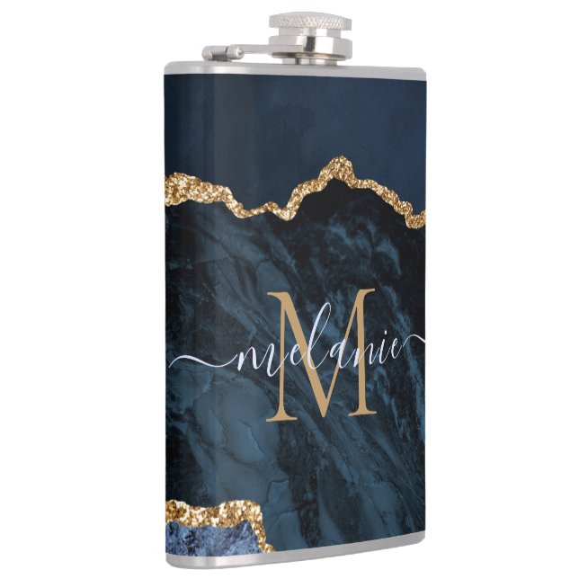 Monogram Name Agate Navy Blue Gold Gemstone Marble Hip Flask (Right)