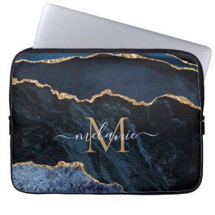 Monogram Name Agate Navy Blue Gold Gemstone Marble Laptop Sleeve