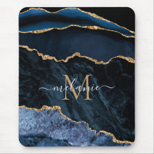 Monogram Name Agate Navy Blue Gold Gemstone Marble Mouse Pad