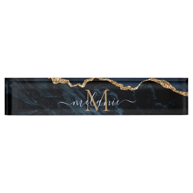 Monogram Name Agate Navy Blue Gold Gemstone Marble Nameplate (Front)