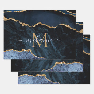Monogram Name Agate Navy Blue Gold Gemstone Marble Wrapping Paper Sheet