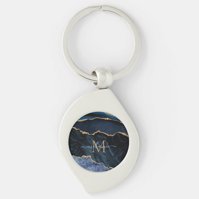 Monogram Name Agate Navy Blue Gold Keychain (Front)