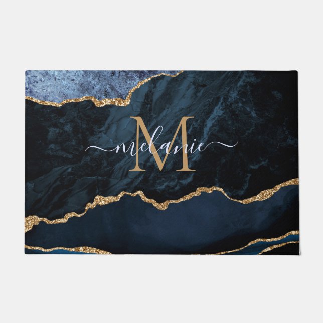 Monogram Name Agate Navy Blue Gold Marble Doormat (Front)