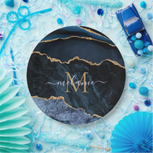 Monogram Name Agate Navy Blue Gold Paper Plates