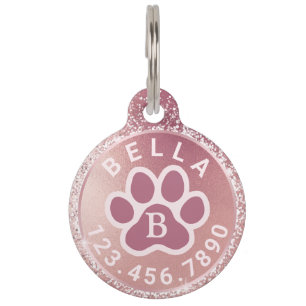 Monogram Name and Phone Rose Gold Round Pet Tag