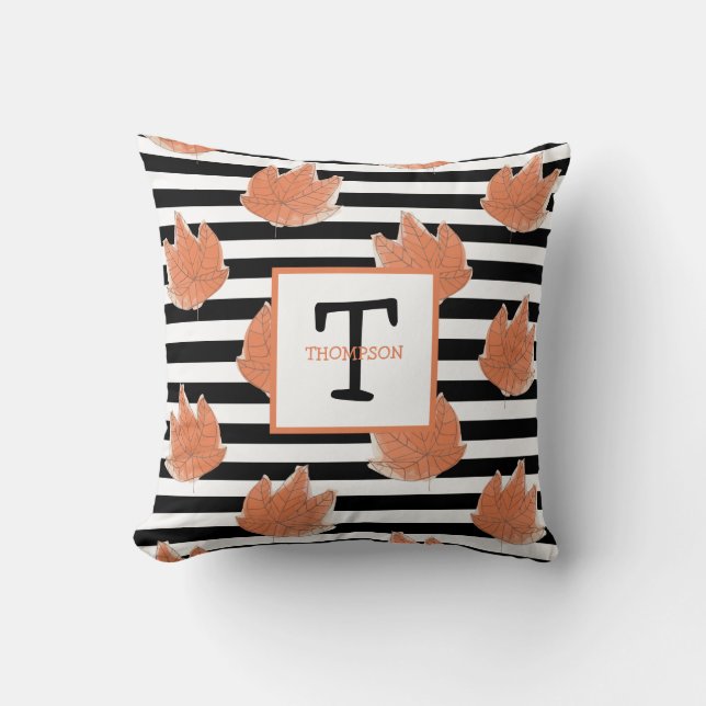 Monogram Name and Stripes with Watercolor Leaf Cushion (Front)