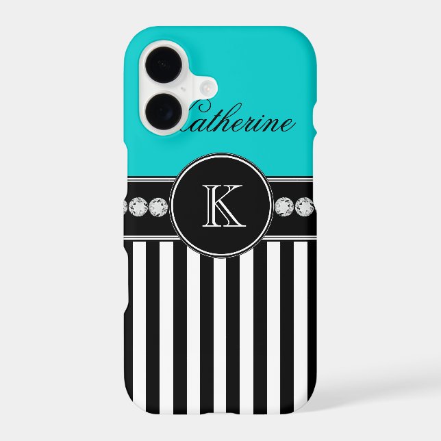 Monogram Name Aqua Black Striped Pattern (Back)