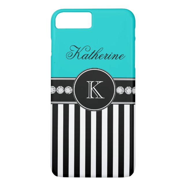 Monogram Name Aqua Black Striped Pattern Case-Mate iPhone Case (Back)