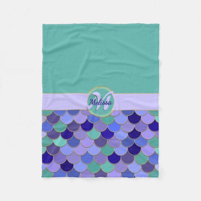 Monogram + Name | Aqua Teal & Colourful Mermaid Fleece Blanket (Front)