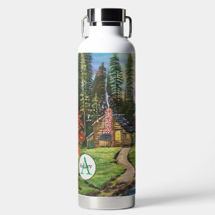 Monogram Name Art Cottage Forest Floral Landscape Water Bottle
