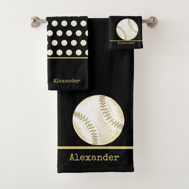 Monogram name  Baseball Gold Black  Bath Towel Set (Insitu)