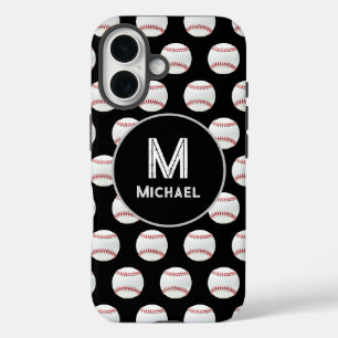 Monogram Name Baseball Seamless Pattern Black iPhone 16 Case