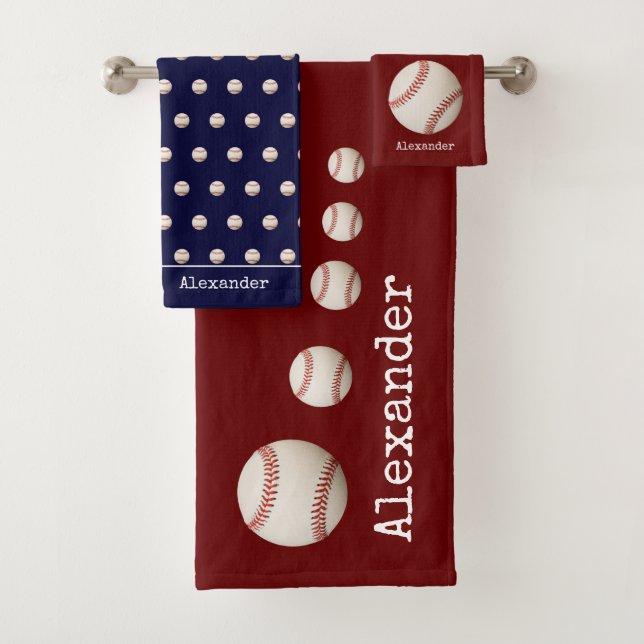 Monogram name baseball sport red white blue  bath towel set (Insitu)