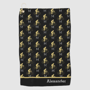 Monogram Name Bicycle Gold Black Golf Towel