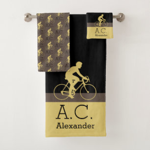 Monogram Name Bicycle Gold Black Grey Beige Bath Towel Set