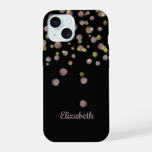 Monogram Name Black Blush Pink Gold Circles iPhone 15 Case