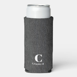 Monogram Name Black Denim Print Slim Seltzer Can Cooler