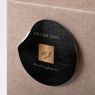 Monogram name black gold elegant thank you leather classic round sticker