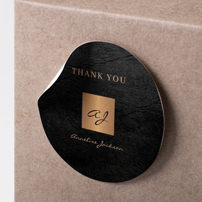 Monogram name black gold elegant thank you leather classic round sticker (Creator Uploaded)