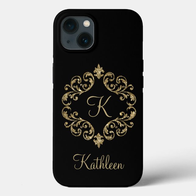 Monogram Name Black Gold Glitter Damask Flourish Case-Mate iPhone Case (Back)
