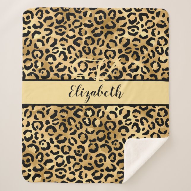 Monogram Name Black Gold Leopard Cheetah Print Sherpa Blanket (Front)
