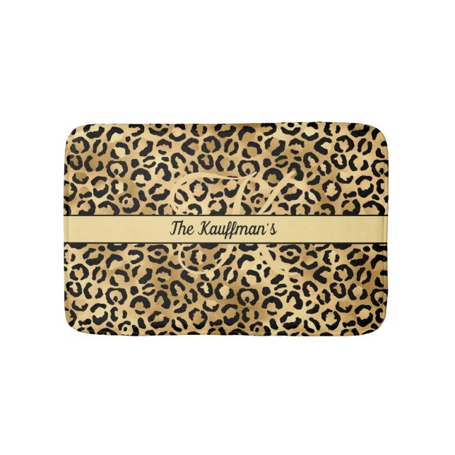 Monogram Name Black Gold Leopard Print Cheetah Bath Mat (Front)