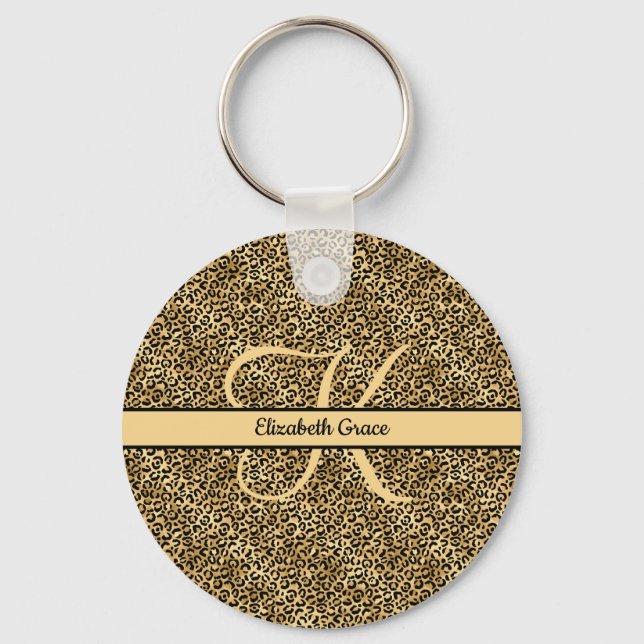 Monogram Name Black Gold Leopard Print Cheetah  Key Ring (Front)