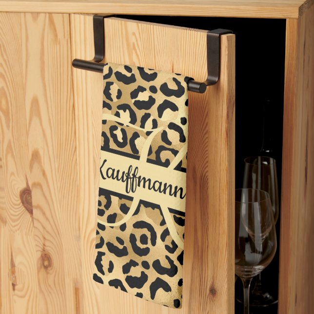 Monogram Name Black Gold Leopard Print Cheetah Tea Towel (Thirds Fold)
