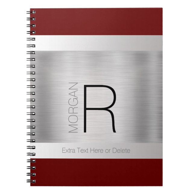 Monogram & Name Black Grey Deep Red Brushed Silver Notebook (Front)