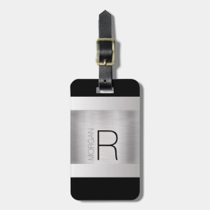 Monogram & Name, Black Grey Text, Brushed Silver Luggage Tag