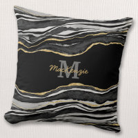Monogram Name Black Marble Agate Gold Glitter