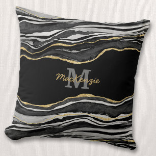 Monogram Name Black Marble Agate Gold Glitter Cushion