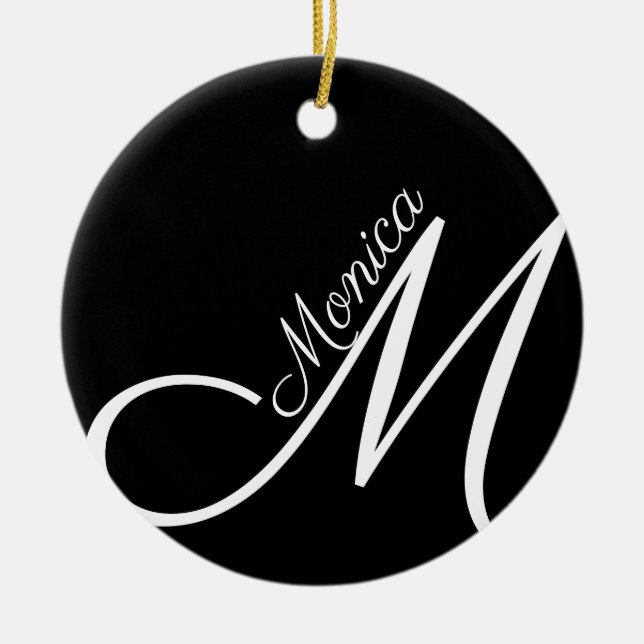 MONOGRAM + NAME - black modern  Ceramic Tree Decoration (Front)
