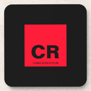 Monogram Name Black Red Create Custom Gift Coaster