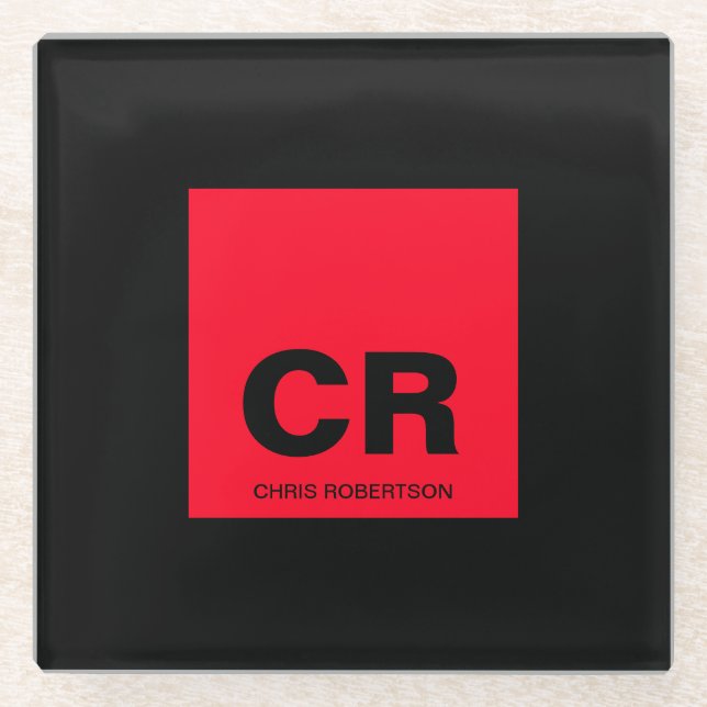 Monogram Name Black Red Create Custom Gift Glass Coaster (Front)