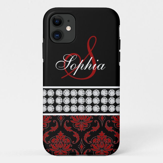 Monogram Name Black Red Damask iPhone 5 Case (Back)
