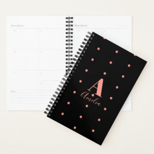 Monogram Name Black Rose Gold Polka Dot Planner