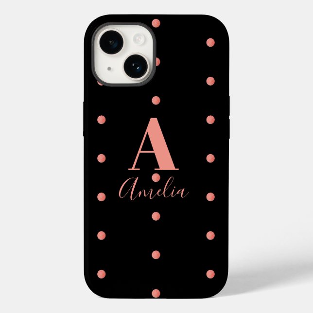 Monogram Name Black Rose Gold Polka Dots Case-Mate iPhone Case (Back)